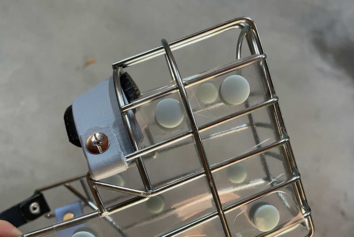 Sicher unterwegs mit Fressschutz: Erfahre bei Studio Schnauz, welcher Maulkorb zum Schutz vor Giftködern am besten zu deinem Hund passt – aus Biothane oder PVC, individuell angepasst. Metallkorb mit runden Gummipuffern und einem Kameraobjektiv auf der Seite.